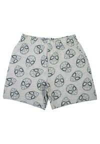 Shorts en coton gris avec un imprimé intégral de motifs de toiles d'araignées. Ceinture élastique ; matériau léger et respirant.