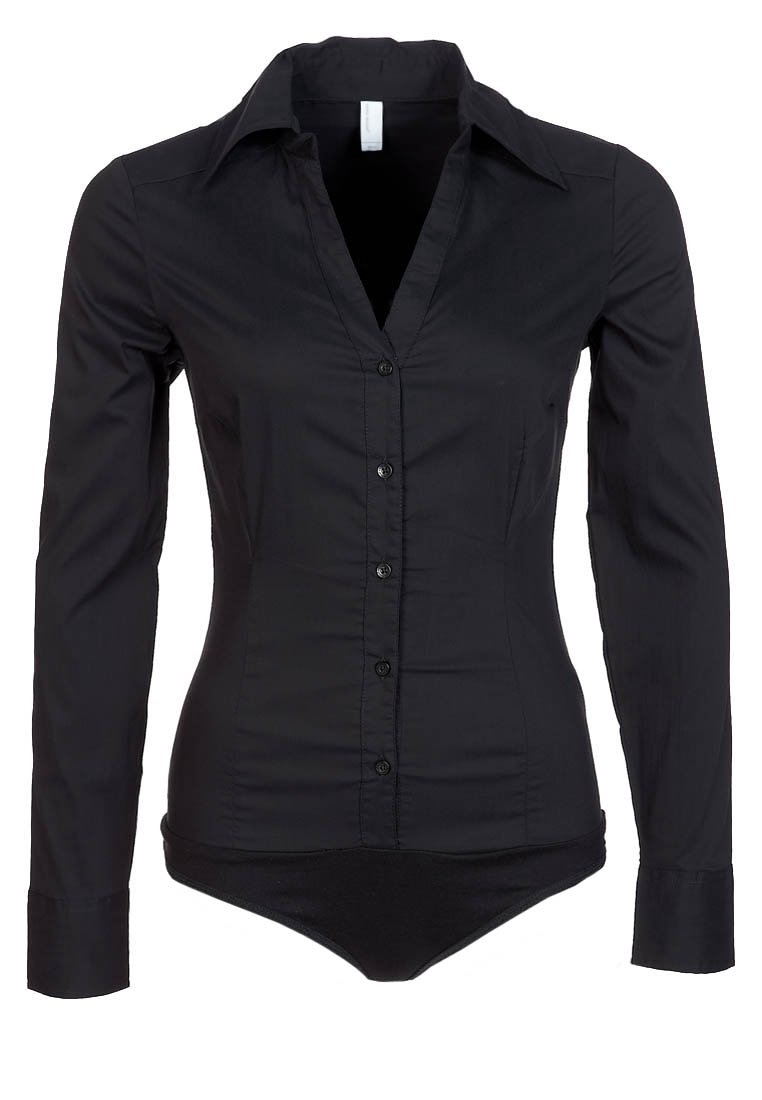 Zwarte longsleeve-shirt met een kraag, knoopsluiting en een getailleerd lichaam; de stof heeft een gladde textuur met een bodysuit-onderdeel.