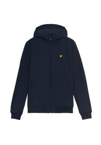 Marineblauer Reißverschlussjacke mit Kapuze, mit einem gelben Logo auf der linken Brust, Seitentaschen sowie gerippten Bündchen und Saum. Weiche Stoffstruktur.