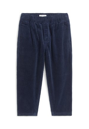 Navy blue corduroy pants with elastic waistband and loose, straight legs, displayed flat against a white background.