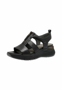 Zwarte leren sandalen met open teen, ritsluiting en meerdere banden; de gevoerde zool heeft een gestructureerde rubbere loopvlak voor grip.