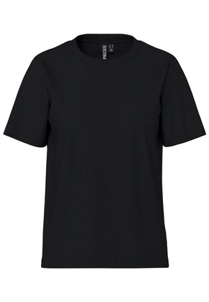 Melna īsām piedurknēm T-kreklā, kas izgatavots no mīkstas auduma, ar apaļu kakla izgriezumu. Vienkāršs dizains bez rakstiem vai akcijām, taisni griezts apakšējā malā.