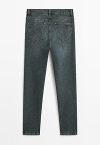 Dark-wash denim jeans with a straight leg design. Features include a standard waistband, two back pockets, and a smooth texture.