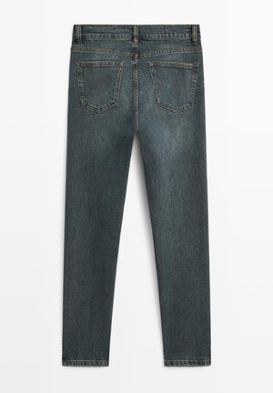 Dark denim jeans with a slim fit, featuring a mid-rise waist, two back pockets, visible stitching, and a clean, finished hem.