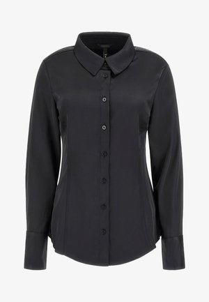 Zwarte langemouwen shirt met een kraag, knoopsluitingen, een gladde textuur en een getailleerde pasvorm met een gebogen zoom.