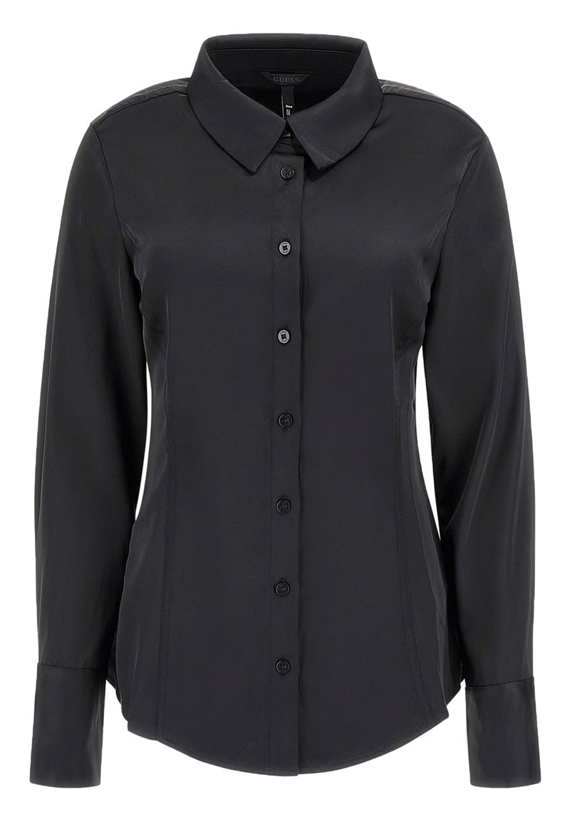 Camicia nera a maniche lunghe con colletto, chiusura a bottoni, texture liscia e vestibilità sagomata con orlo curvo.