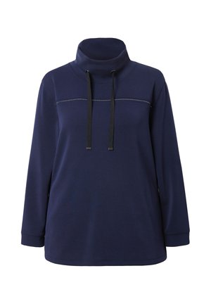 Tummansininen neule, jossa on korkea kaulus, mustat narut ja vaakasuora koristeviiva rinnassa. Valmistettu pehmeästä kankaasta.