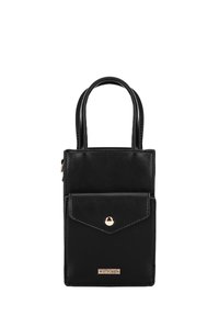 Sac à main en cuir noir avec deux poignées courtes, poche avant avec fermeture à pression, quincaillerie dorée et plaque de marque en bas.