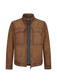 Braune Lederjacke mit Stehkragen, zwei Fronttaschen und Reißverschluss. Innenfutter aus grauem Stoff. Weiche Textur.