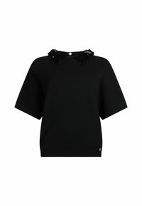 Black short-sleeve sweater with a textured sequin collar, featuring a relaxed fit and a slight hemline. Simple and versatile design.