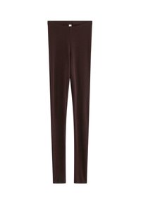 Bruna leggings tillverkade av elastiskt material, med en slät textur och en figurnära design. Inga synliga sömmar eller mönster, rak skärning.