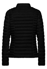 Black quilted jacket with horizontal stitching, padded elbow patches, and a stand collar shown from the back.
