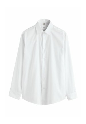 Valkoinen pitkähihainen puku- tai kauluspaita, jossa on terävä kaulus ja napilliset kalvosimet, edessä napitettu kiinnitys, esillä yksinkertaisella valkoisella taustalla.