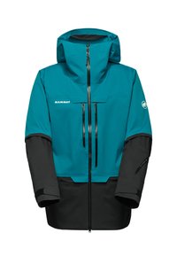Outdoorjacke in Blaugrün und Schwarz mit Kapuze, Frontreißverschluss, Brust- und Ärmeltaschen mit Reißverschluss, Mammut-Logo auf der Brust und dem linken Ärmel.