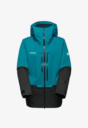 Turquoise en zwarte outdoorjas met capuchon, ritssluiting aan de voorkant, borst- en mouwenritszakken, Mammut-logo op de borst en linker mouw.