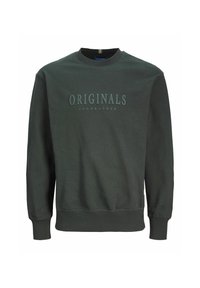 Donkergroene sweatshirt gemaakt van een zachte katoenmix, met ribgebreide manchetten en onderrand, met het reliëf "ORIGINALS JACK&JONES" logo op de voorkant.