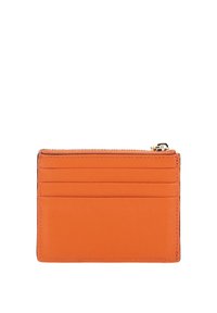 Orange leather cardholder featuring four card slots, a zip compartment at the top, and neat stitching along the edges. Flat, rectangular shape.