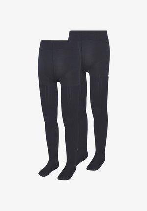 Two pairs of black opaque tights with subtle textured pattern, displayed against white background.