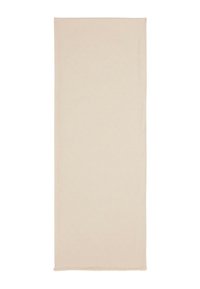 Sciarpa rettangolare beige realizzata in materiale morbido; dettagli con frange lungo un bordo; texture liscia con un design semplice.