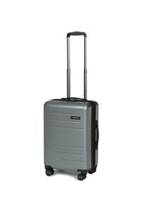 Valigia rigida grigia con design a righe verticali, manico doppio estensibile e quattro ruote per la mobilità; presenta una chiusura con zip.