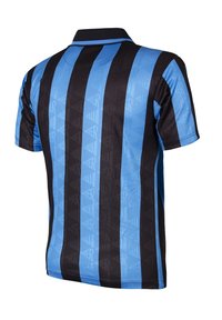 Zwart en blauw gestreept polo shirt met korte mouwen. Heeft een gestructureerd patroon en een contrasterende kraag. Gemaakt van ademende stof.