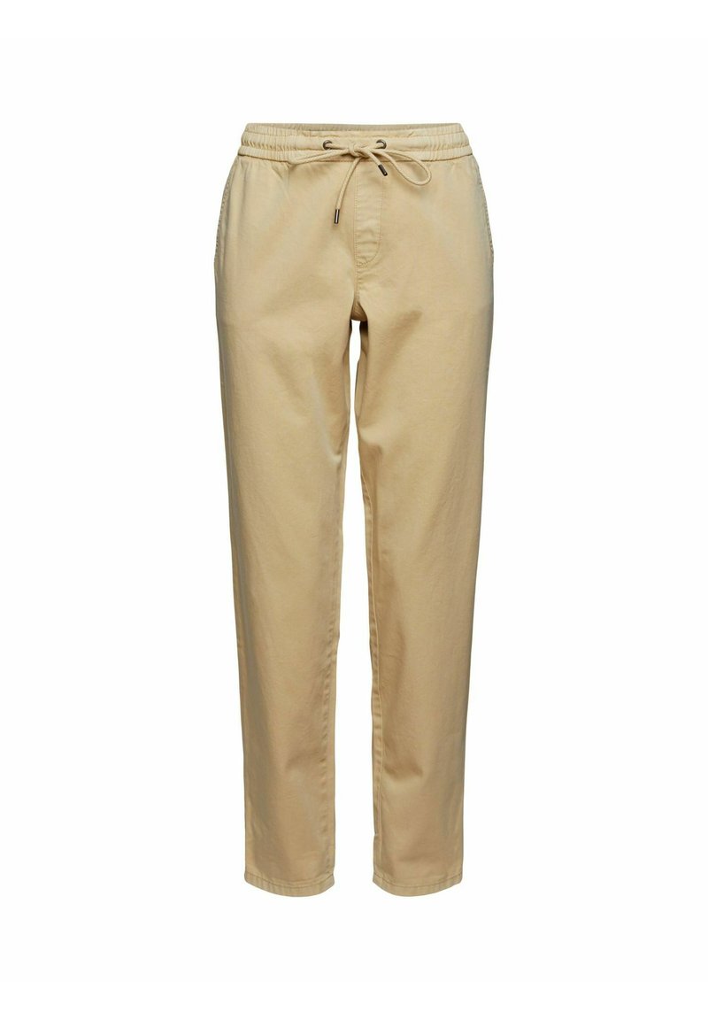 Pantalons beiges en tissu lisse, dotés d'une taille élastique avec cordon de serrage, de poches latérales et de jambes fuselées.