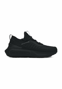 Des chaussures de sport noires avec un dessus en tricot texturé, un col semblable à une chaussette et une semelle rembourrée arborant la marque "HOVR" sur le côté.