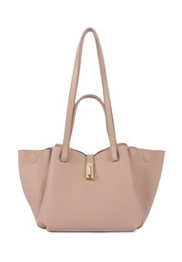 Sac à main en cuir beige avec surface texturée, fermoir doré, deux longues bandoulières et une petite poignée.