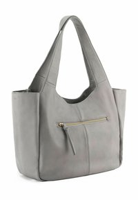 Grijze leren totebag met een afgeronde vorm, voorzien van een voorzak met rits en twee stevige schouderbanden. Gladde, zachte textuur.