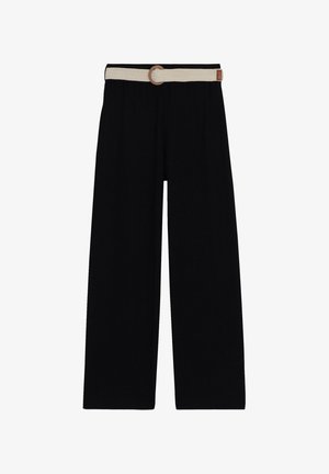 Zwarte wijde broek met een strukturiert stof, voorzien van een geweven crèmekleurige riem en een cirkelvormige sluiting.