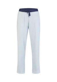 Pantalones de pijama azul claro con rayas verticales blancas, con una cinturilla elástica azul marino y cordón, fabricados en una tela suave y ligera.