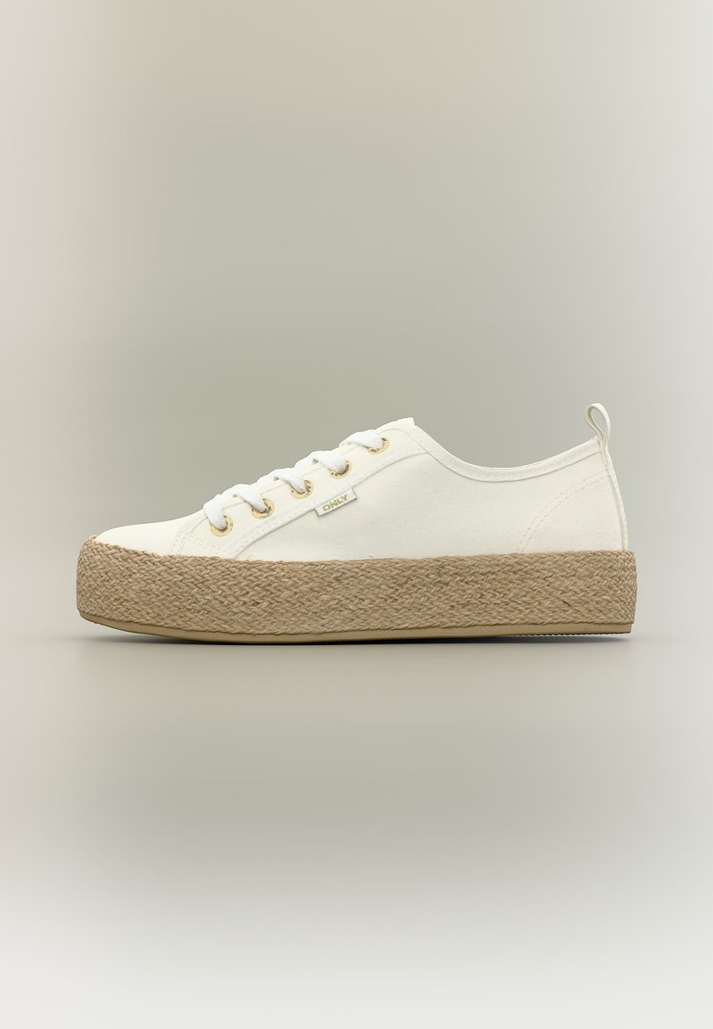 Baskets blanches basses avec lacets blancs, œillets dorés, et semelle plateforme tissée beige épaisse sur un fond neutre.