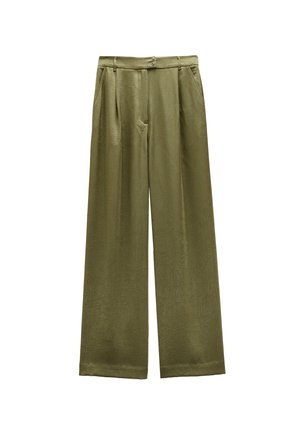 Oliwkowe spodnie o szerokich nogawkach wykonane z teksturowanej tkaniny, z zapięciem na guzik, fałdami z przodu i dwoma bocznymi kieszeniami.