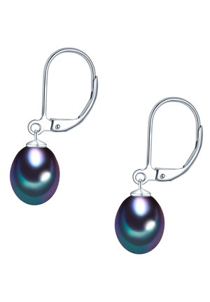Zilveren lever-back oorbellen met enkele ronde zwarte parels die iriserende blauwe en paarse tinten tonen.