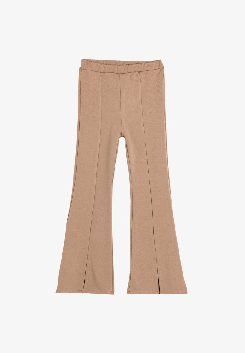 Beige broek met een uitlopend ontwerp, gemaakt van een zachte, rekbare stof. Bevat voorkantinsnijdingen en een elastische tailleband voor comfort.