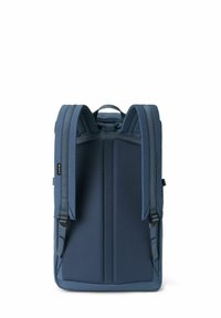 Dark blue backpack with padded shoulder straps, mesh back for breathability, and a top handle. Smooth texture with minimal design features.