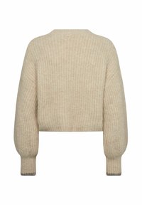 Sweter w kolorze kremowym, wykonany na szydełku, z prążkowaną teksturą, krótkim krojem i rękawami w stylu balonowym, z delikatnym wykończeniem mankietów.