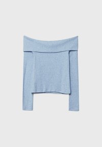 Schulterfreies, geripptes Langarmoberteil in Hellblau. Verfügt über einen weiten Ausschnitt und einen lockeren Schnitt, hergestellt aus weichem, dehnbarem Stoff.