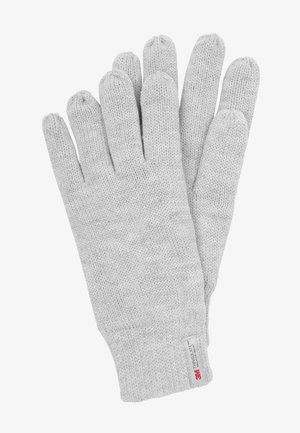 Guantes de punto grises con un puño acanalado, que cuentan con cinco espacios para los dedos y una pequeña etiqueta cerca de la muñeca. Textura suave con un patrón uniforme.