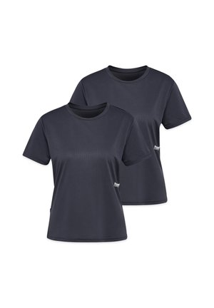 Zwei einfarbige dunkelgraue T-Shirts mit kurzen Ärmeln und Rundhalsausschnitt, mit kleinem weißen Logo nahe der unteren Seite auf weißem Hintergrund.