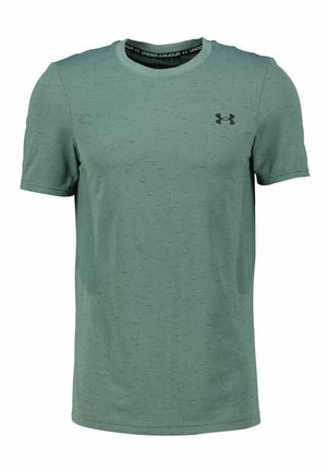 T-shirt de sport vert fabriqué en tissu évacuant l'humidité. Présente un col rond, des manches courtes et un motif texturé subtil. Accent de logo noir.