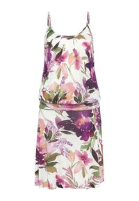 Ärmeloses Blumenkleid mit gerafftem Ausschnitt. In verschiedenen Schattierungen von Lila, Pink und Grün auf einem hellen Hintergrund. Weicher Stoff.