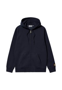 Felpa con zip di colore blu navy, dotata di tasche frontali, cappuccio con stringa e piccolo logo Carhartt sul polsino sinistro della manica.