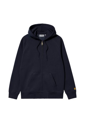 Sudadera con cremallera color azul marino, con bolsillos frontales, capucha ajustable y pequeño logo de Carhartt en el puño de la manga izquierda.