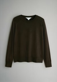 Tmavě hnědý svetr s kulatým výstřihem, žebrovanými manžetami a spodním lemem a bezproblémovými raglánovými rukávy. Měkká textilie a minimalistický design.