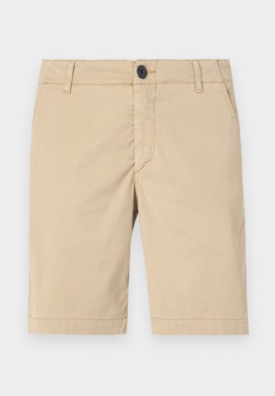 Shorts en khaki en coton. Ils disposent d'une braguette zippée, d'un bouton de fermeture, de poches avant, de coutures piquées et d'un design à plat à l'avant.