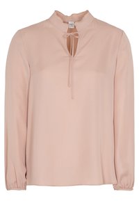 Helles rosa Langarmbluse mit hohem Kragen, Schlüsselbein-Ausschnitt und Bindeschluss. Hergestellt aus glattem Stoff mit gerafften Ärmelabschlüssen.