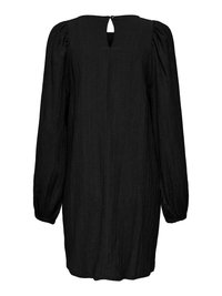 Robe courte noire texturée à manches longues, épaules bouffantes, poignets élastiques et petite fermeture bouton goutte au niveau de l'encolure dos.