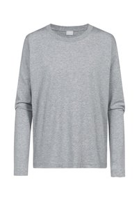 Szary, długi rękaw t-shirt wykonany z gładkiego materiału. Posiada okrągły dekolt i luźny krój. Prosty design bez widocznych wzorów czy akcentów.
