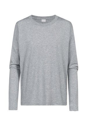 T-shirt gris à manches longues en tissu lisse. Il présente un col rond et une coupe décontractée. Design simple sans motifs ni accents visibles.